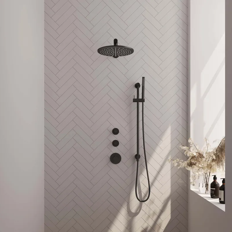 Brauer Black Editon Regendoucheset: Thermostatische Inbouwkraan met Stopkranen, Rechte Wandarm, Douchekop 30cm, Glijstang met Wateruitlaat, Staafhanddouche & Doucheslang - Set 14 - Draaiknoppen - Mat Zwart Op = Op