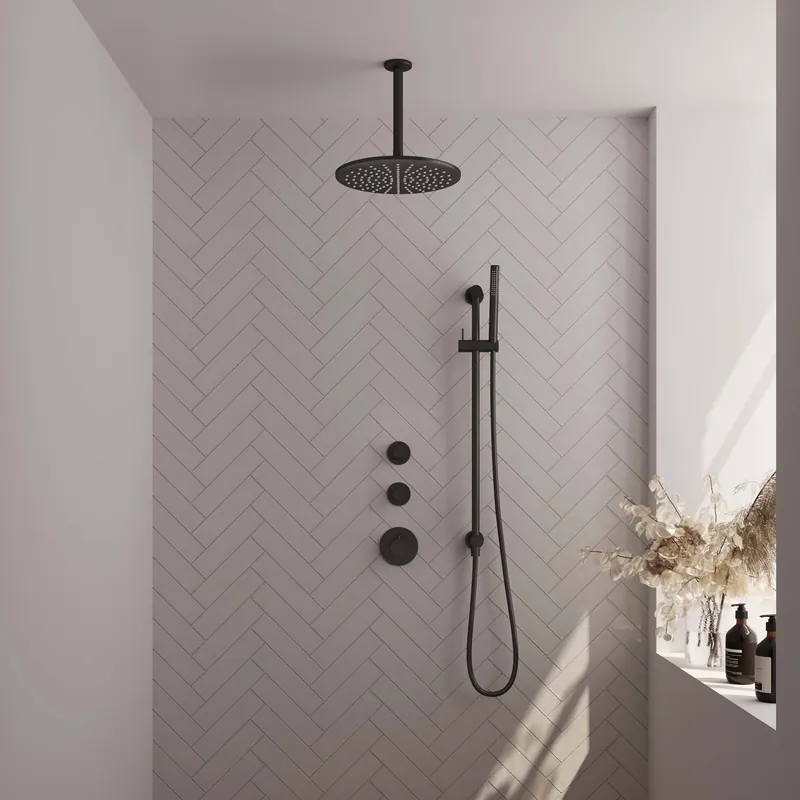 Brauer Black Editon Regendoucheset: Thermostatische Inbouwkraan met Stopkranen, Plafondarm, Douchekop 30cm, Glijstang met Wateruitlaat, Staafhanddouche & Doucheslang - Set 18 - Draaiknoppen - Mat Zwart Weekendaanbieding