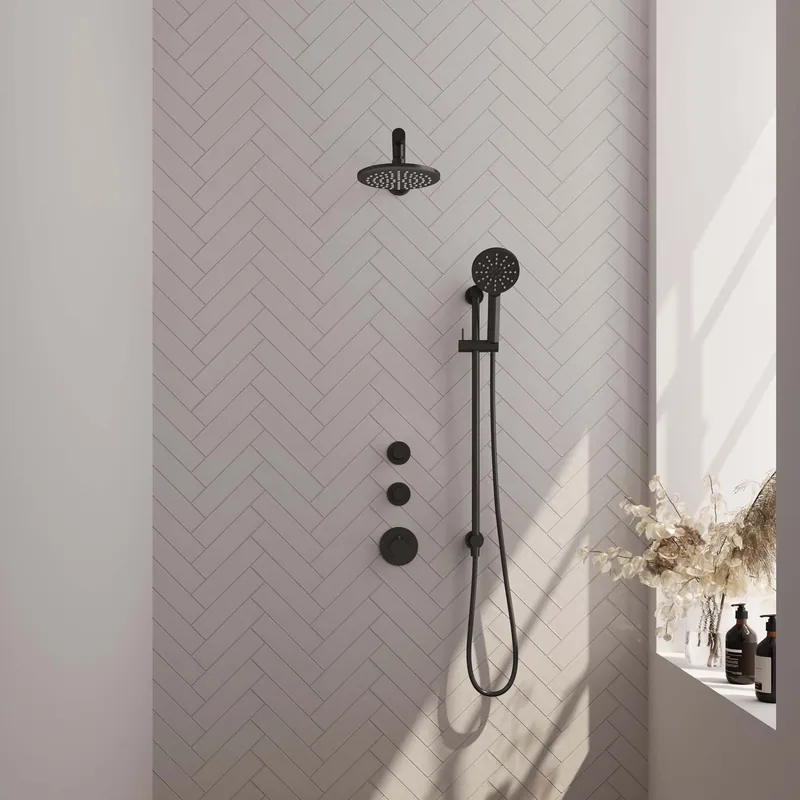 Premium Brauer Black Editon Regendoucheset: Thermostatische Inbouwkraan met Stopkranen, Rechte Wandarm, Douchekop 20cm, Glijstang met Wateruitlaat, 3-Standen Handdouche & Doucheslang - Set 19 - Draaiknoppen - Mat Zwart