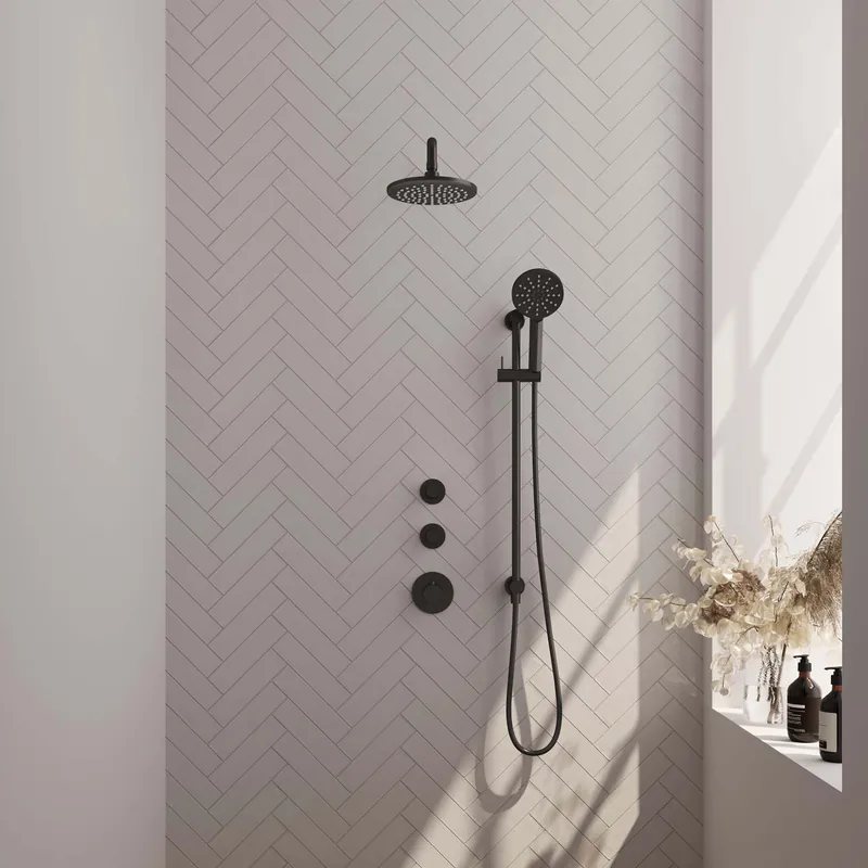 Brauer Black Editon Regendoucheset: Thermostatische Inbouwkraan met Stopkranen, Gebogen Wandarm, Douchekop 20cm, Glijstang met Wateruitlaat, 3-Standen Handdouche & Doucheslang - Set 21 - Draaiknoppen - Mat Zwart Laatste Versie