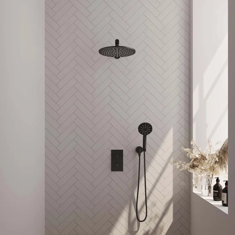 Brauer Black Editon Regendoucheset: Thermostatische Inbouwkraan met 3-Weg Omstel, Rechte Wandarm, Douchekop 30cm, Wandhouder met Wateruitlaat, 3-Standen Handdouche & Doucheslang - Set 32 - Draaiknoppen - Mat Zwart Must-Have