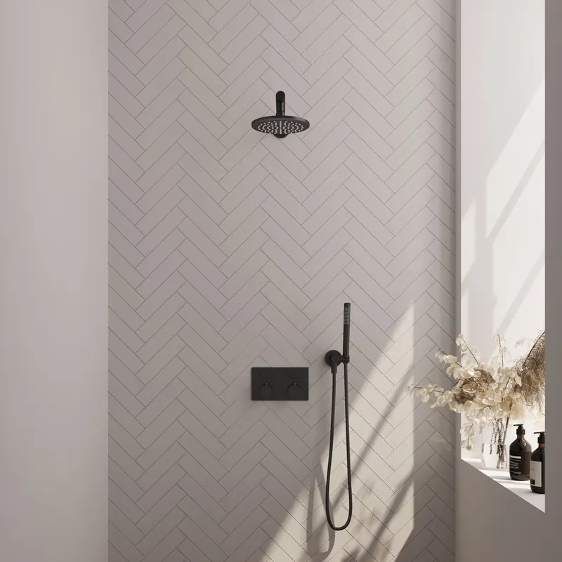 Brauer Black Editon Regendoucheset: Thermostatische Inbouwkraan met Drukknoppen, Rechte Wandarm, Douchekop 20cm, Wandhouder met Wateruitlaat, Staafhanddouche & Doucheslang - Set 49 - Draaiknoppen - Mat Zwart Meest Verkocht