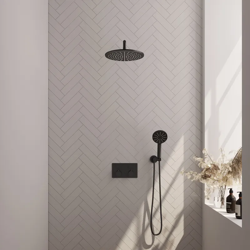 Brauer Black Editon Regendoucheset: Thermostatische Inbouwkraan met Drukknoppen, Gebogen Wandarm, Douchekop 30cm, Wandhouder met Wateruitlaat, 3-Standen Handdouche & Doucheslang - Set 58 - Draaiknoppen - Mat Zwart Korting