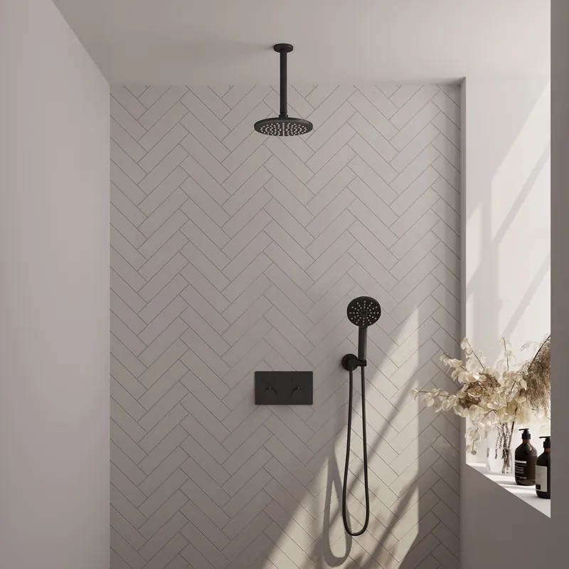 Brauer Black Editon Regendoucheset: Thermostatische Inbouwkraan met Drukknoppen, Plafondarm, Douchekop 20cm, Wandhouder met Wateruitlaat, 3-Standen Handdouche & Doucheslang - Set 59 - Draaiknoppen - Mat Zwart Shop Nu