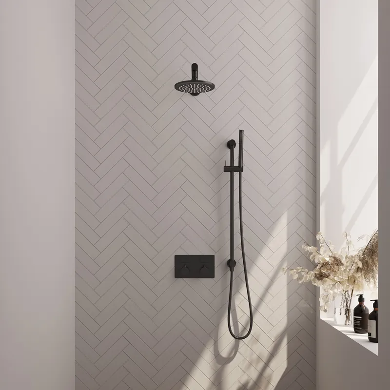 Alleen Vandaag Brauer Black Editon Regendoucheset: Thermostatische Inbouwkraan met Drukknoppen, Rechte Wandarm, Douchekop 20cm, Glijstang met Wateruitlaat, Staafhanddouche & Doucheslang - Set 61 - Draaiknoppen - Mat Zwart