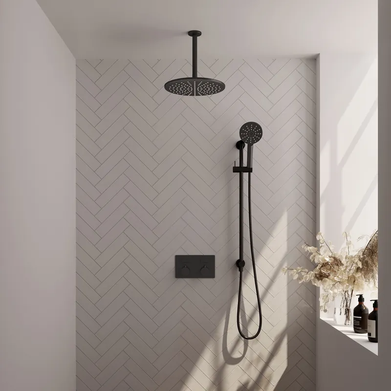 Brauer Black Editon Regendoucheset: Thermostatische Inbouwkraan met Drukknoppen, Plafondarm, Douchekop 30cm, Glijstang met Wateruitlaat, 3-Standen Handdouche & Doucheslang - Set 72 - Draaiknoppen - Mat Zwart Must-Have