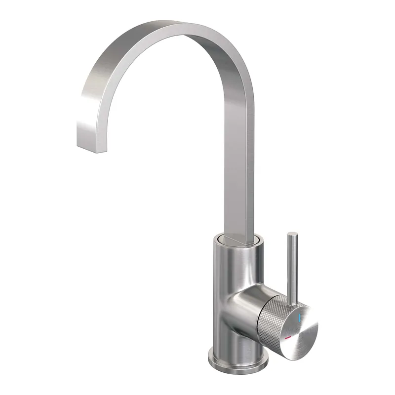 Snelle Levering Brauer Brushed Carving Opbouw Wastafelmengkraan met Draaibare Platte Uitloop - Model A - Hoog - Geribbeld Hendel - PVD - PVD - Geborsteld RVS
