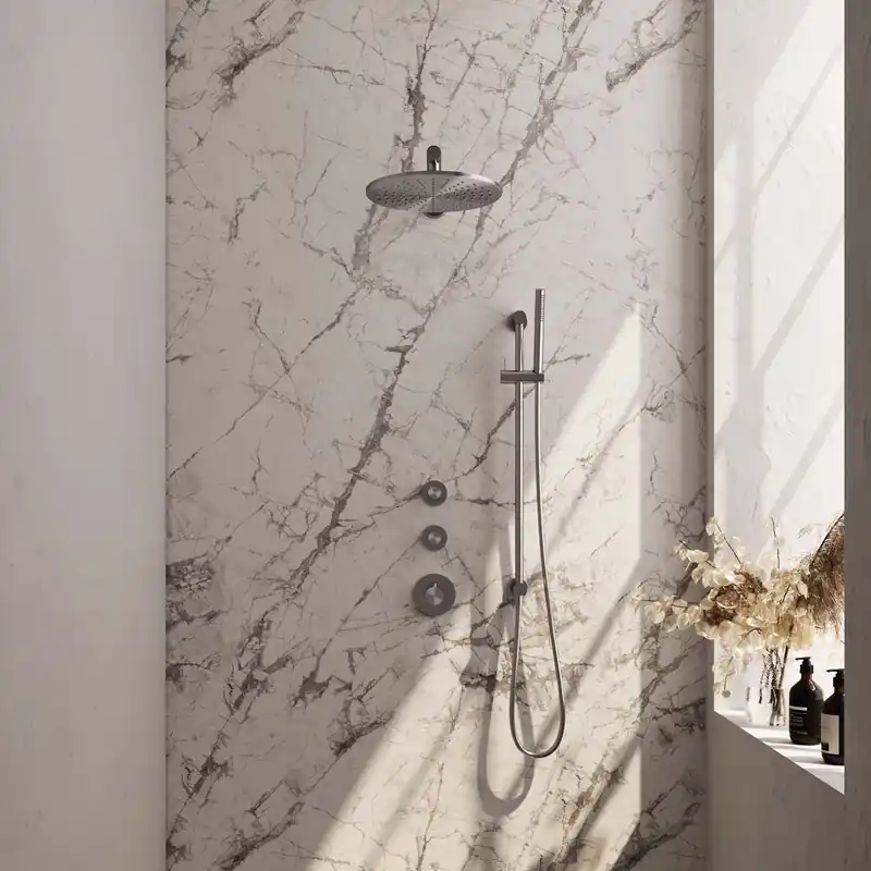 Beste Prijs Brauer Brushed Carving Regendoucheset: Thermostatische Inbouwkraan met Stopkranen, Rechte Wandarm, Douchekop 30cm, Glijstang met Wateruitlaat, Staafhanddouche & Doucheslang - Set 14 - Geribbeld Draaiknoppen - PVD - Geborsteld RVS
