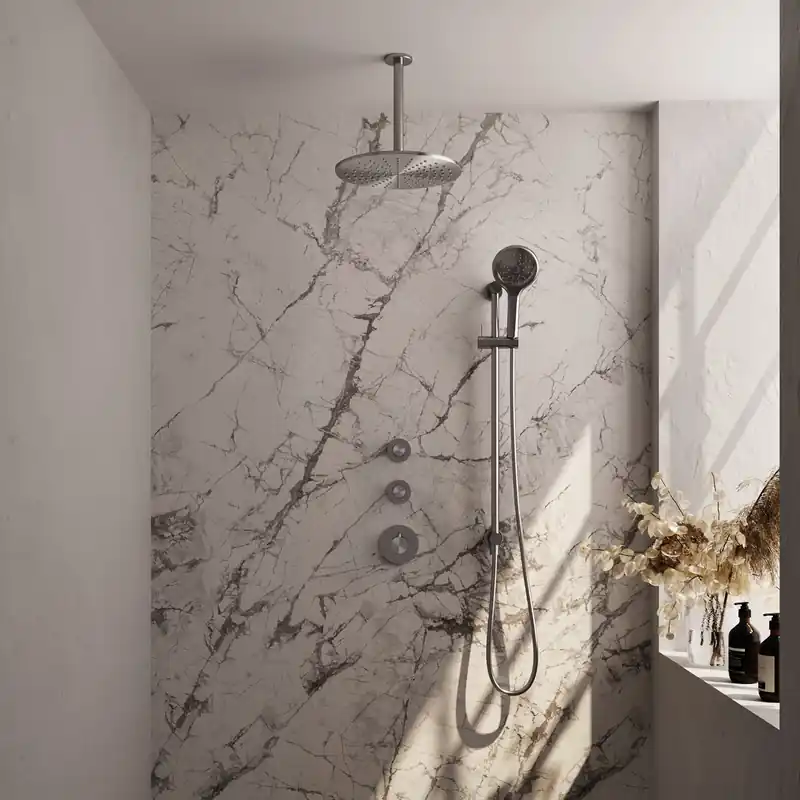 Flitsaanbieding Brauer Brushed Carving Regendoucheset: Thermostatische Inbouwkraan met Stopkranen, Plafondarm, Douchekop 30cm, Glijstang met Wateruitlaat, 3-Standen Handdouche & Doucheslang - Set 24 - Geribbeld Draaiknoppen - PVD - Geborsteld RVS