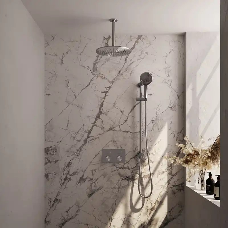 Tijdelijk Beschikbaar Brauer Brushed Carving Regendoucheset: Thermostatische Inbouwkraan met Drukknoppen, Plafondarm, Douchekop 30cm, Glijstang met Wateruitlaat, 3-Standen Handdouche & Doucheslang - Set 72 - Geribbeld Draaiknoppen - PVD - Geborsteld RVS
