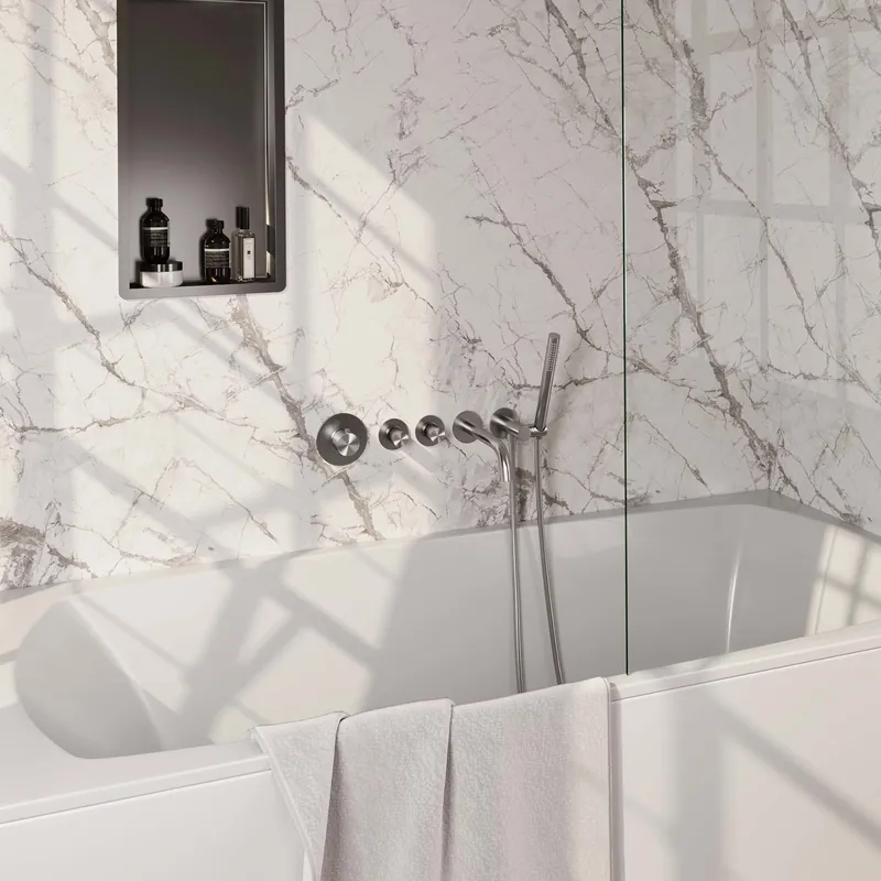 Bestseller Brauer Brushed Carving Thermostatische Inbouw Badkraan met Omstel, Uitloop, Stopkranen, Wandhouder met Wateruitlaat, Staafhanddouche & Doucheslang - Set 1 - Geribbeld Draaiknoppen - PVD - Geborsteld RVS