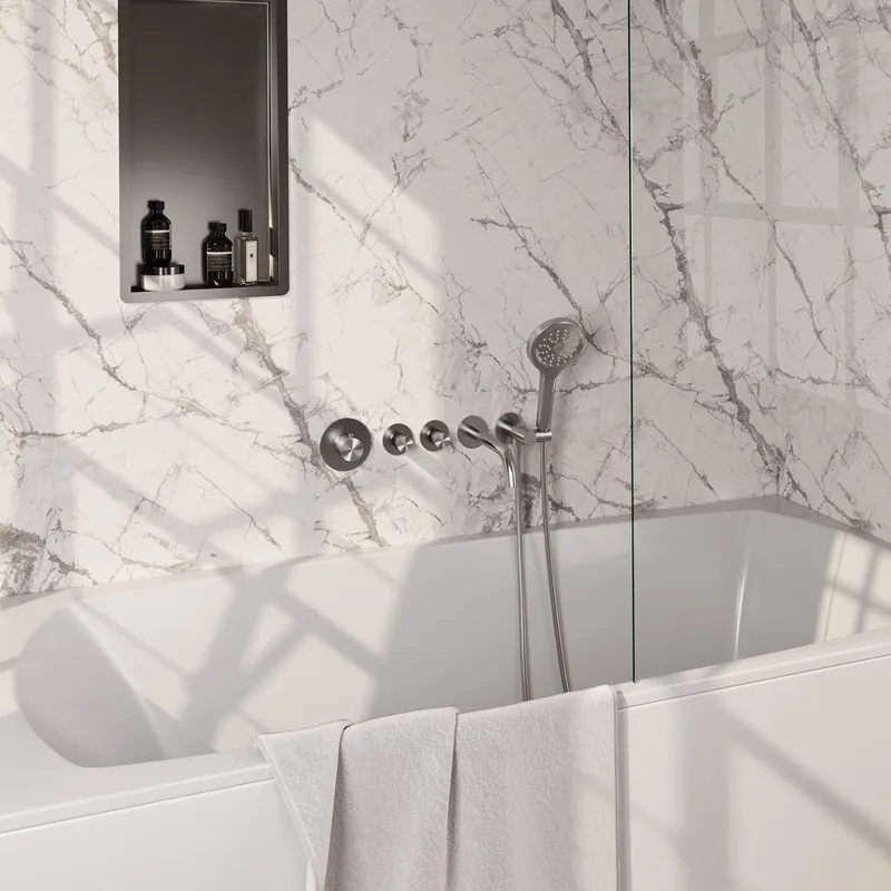 Finale Uitverkoop Brauer Brushed Carving Thermostatische Inbouw Badkraan met Omstel, Uitloop, Stopkranen, Wandhouder met Wateruitlaat, 3-Standen Handdouche & Doucheslang - Set 2 - Geribbeld Draaiknoppen - PVD - Geborsteld RVS