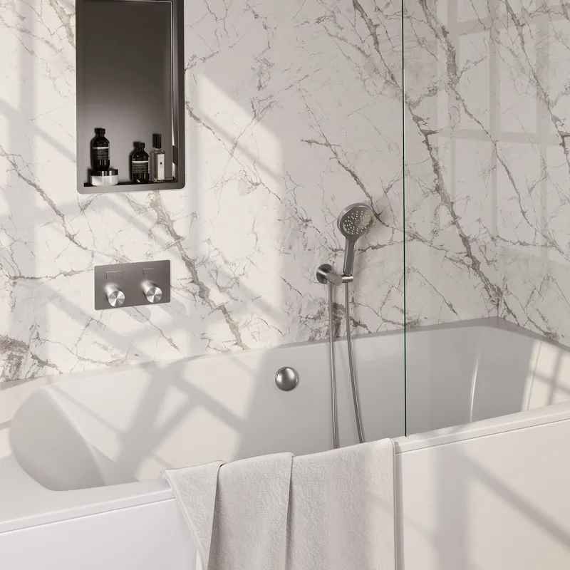 Brauer Brushed Carving Thermostatische Inbouw Badkraan met Omstel, Badvulcombinatie, Drukknoppen, Wandhouder met Wateruitlaat, 3-Standen Handdouche & Doucheslang - Set 4 - Geribbeld Draaiknoppen - PVD - Geborsteld RVS Beste Prijs