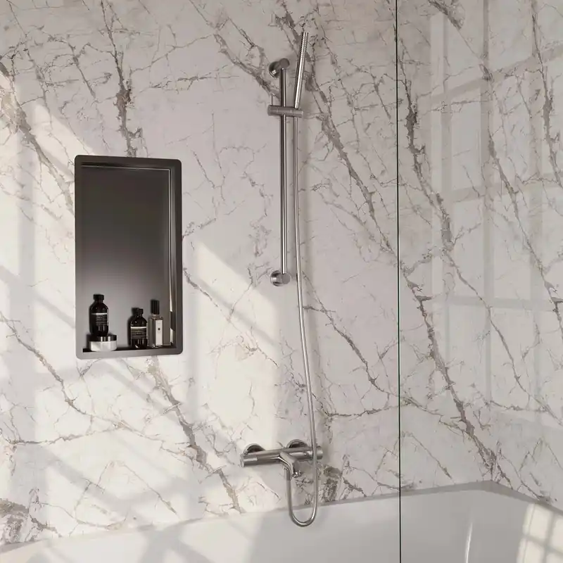 Brauer Brushed Carving Thermostatische Opbouw Badkraan met Omstel, Glijstang, Staafhanddouche & Doucheslang - Set 1 - Geribbeld Draaiknoppen - PVD - Geborsteld RVS Direct Beschikbaar