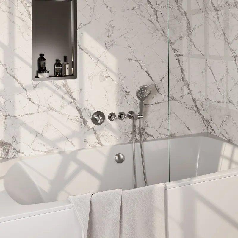 Hete Deal Brauer Brushed Edition Thermostatische Inbouw Badkraan met Omstel, Badvulcombinatie, Stopkranen, Wandhouder met Wateruitlaat, 3-Standen Handdouche & Doucheslang - Set 2 - Draaiknoppen - PVD - Geborsteld RVS