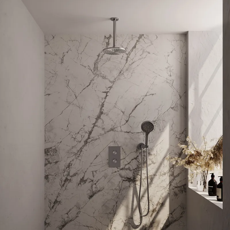 Brauer Brushed Editon Regendoucheset: Thermostatische Inbouwkraan met 3-Weg Omstel, Plafondarm, Douchekop 20cm, Wandhouder met Wateruitlaat, 3-Standen Handdouche & Doucheslang - Set 35 - Draaiknoppen - PVD - Geborsteld RVS Finale Uitverkoop