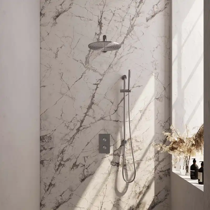Populair Brauer Brushed Editon Regendoucheset: Thermostatische Inbouwkraan met 3-Weg Omstel, Rechte Wandarm, Douchekop 30cm, Glijstang met Wateruitlaat, Staafhanddouche & Doucheslang - Set 38 - Draaiknoppen - PVD - Geborsteld RVS
