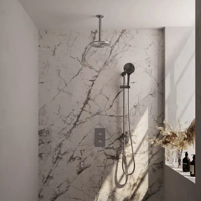 Brauer Brushed Editon Regendoucheset: Thermostatische Inbouwkraan met 3-Weg Omstel, Plafondarm, Douchekop 20cm, Glijstang met Wateruitlaat, 3-Standen Handdouche & Doucheslang - Set 47 - Draaiknoppen - PVD - Geborsteld RVS Flitsaanbieding