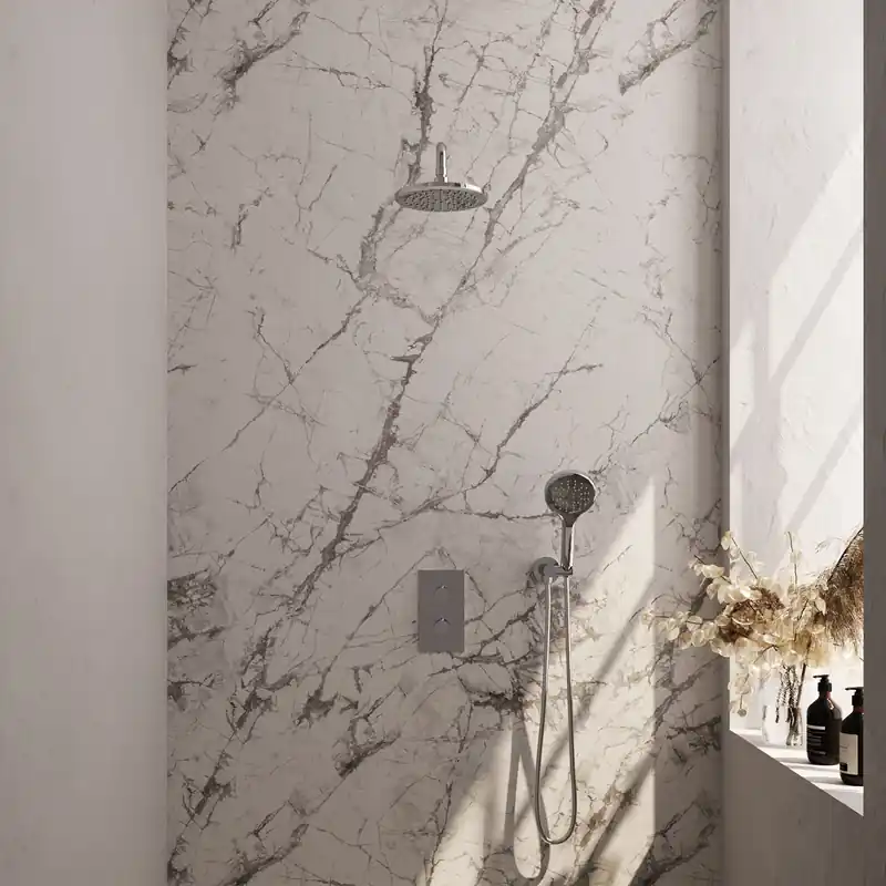Laatste Versie Brauer Chrome Carving Regendoucheset: Thermostatische Inbouwkraan met 3-Weg Omstel, Gebogen Wandarm, Douchekop 20cm, Wandhouder met Wateruitlaat, 3-Standen Handdouche & Doucheslang - Set 33 - Geribbeld Draaiknoppen - Chroom