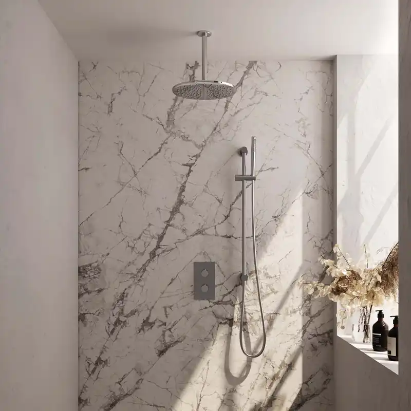 Brauer Chrome Carving Regendoucheset: Thermostatische Inbouwkraan met 3-Weg Omstel, Plafondarm, Douchekop 30cm, Glijstang met Wateruitlaat, Staafhanddouche & Doucheslang - Set 42 - Geribbeld Draaiknoppen - Chroom Tijdelijk Beschikbaar