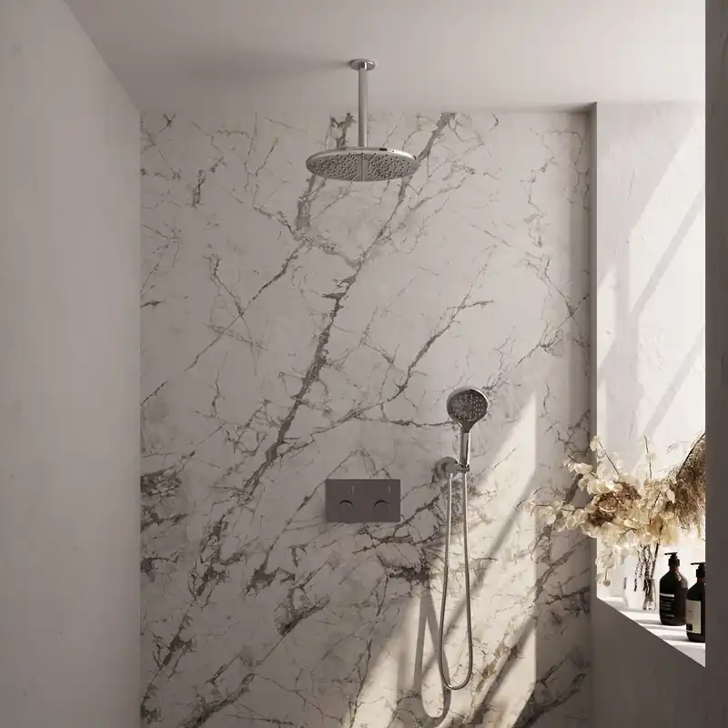 Brauer Chrome Carving Regendoucheset: Thermostatische Inbouwkraan met Drukknoppen, Plafondarm, Douchekop 30cm, Wandhouder met Wateruitlaat, 3-Standen Handdouche & Doucheslang - Set 60 - Geribbeld Draaiknoppen - Chroom Betaalbaar