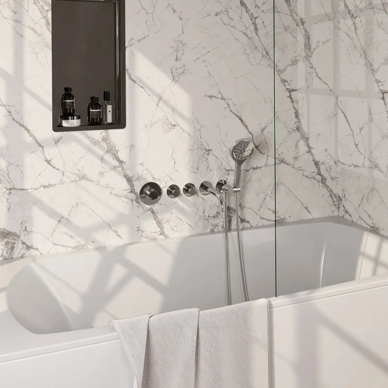 Populair Brauer Chrome Carving Thermostatische Inbouw Badkraan met Omstel, Uitloop, Stopkranen, Wandhouder met Wateruitlaat, 3-Standen Handdouche & Doucheslang - Set 2 - Geribbeld Draaiknoppen - Chroom