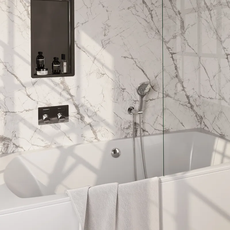 Direct Verzonden Brauer Chrome Carving Thermostatische Inbouw Badkraan met Omstel, Badvulcombinatie, Drukknoppen, Wandhouder met Wateruitlaat, 3-Standen Handdouche & Doucheslang - Set 4 - Geribbeld Draaiknoppen - Chroom