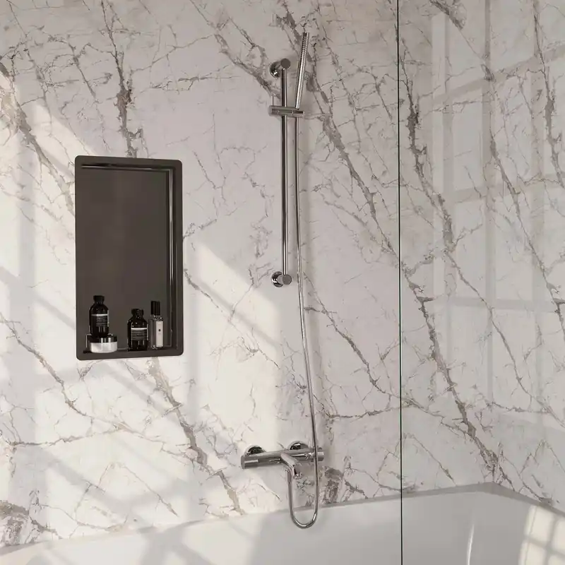 Brauer Chrome Carving Thermostatische Opbouw Badkraan met Omstel, Glijstang, Staafhanddouche & Doucheslang - Set 1 - Geribbeld Draaiknoppen - Chroom Uitverkoop