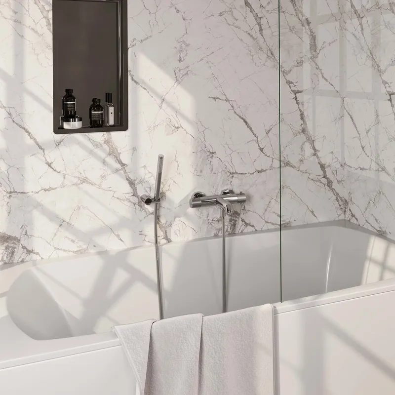 Finale Uitverkoop Brauer Chrome Carving Thermostatische Opbouw Badkraan met Omstel, Wandhouder, Staafhanddouche & Doucheslang - Set 3 - Geribbeld Draaiknoppen - Chroom