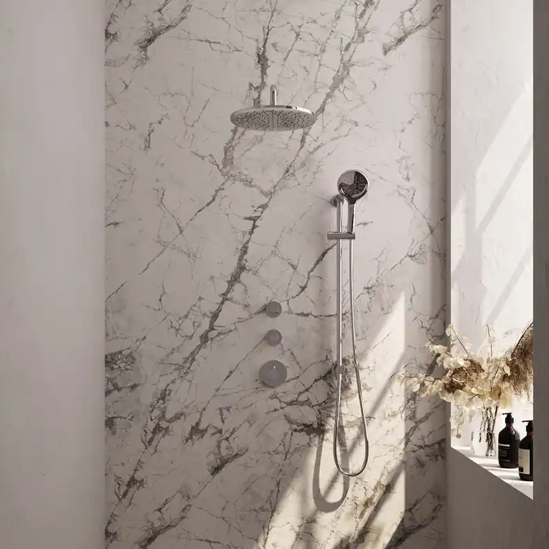 Brauer Chrome Editon Regendoucheset: Thermostatische Inbouwkraan met Stopkranen, Gebogen Wandarm, Douchekop 30cm, Glijstang met Wateruitlaat, 3-Standen Handdouche & Doucheslang - Set 22 - Draaiknoppen - Chroom Favoriet