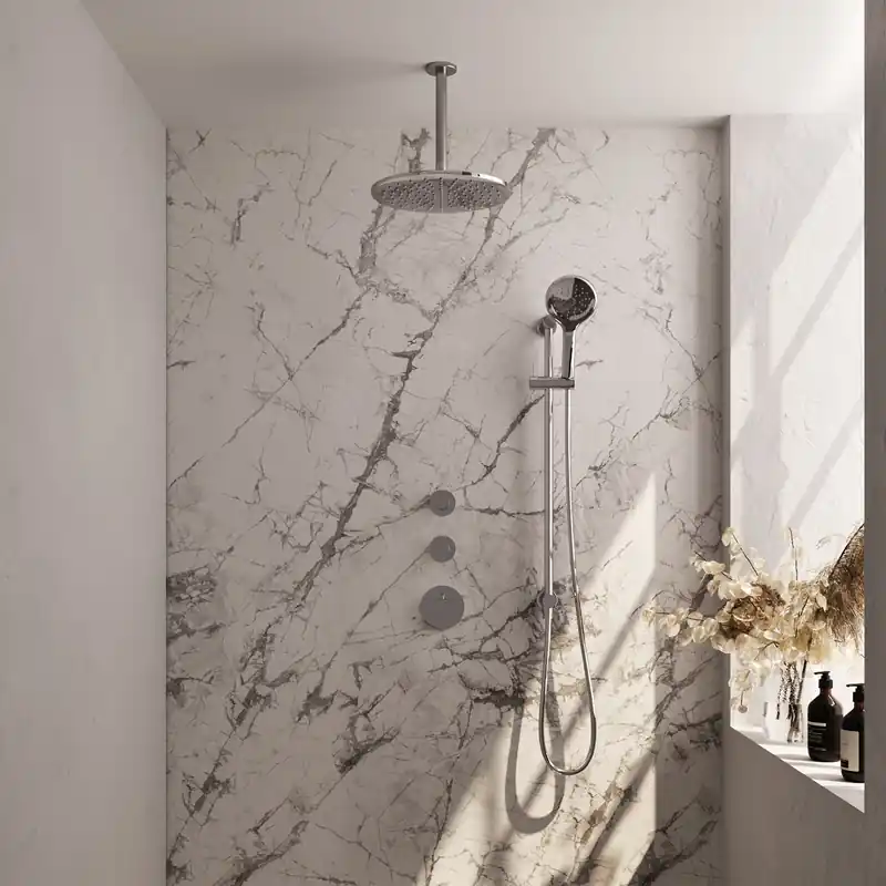 Op = Op Brauer Chrome Editon Regendoucheset: Thermostatische Inbouwkraan met Stopkranen, Plafondarm, Douchekop 30cm, Glijstang met Wateruitlaat, 3-Standen Handdouche & Doucheslang - Set 24 - Draaiknoppen - Chroom