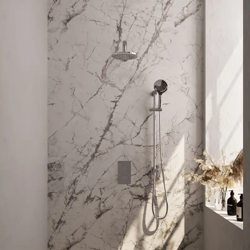 Nu Kopen Brauer Chrome Editon Regendoucheset: Thermostatische Inbouwkraan met 3-Weg Omstel, Rechte Wandarm, Douchekop 20cm, Glijstang met Wateruitlaat, 3-Standen Handdouche & Doucheslang - Set 43 - Draaiknoppen - Chroom