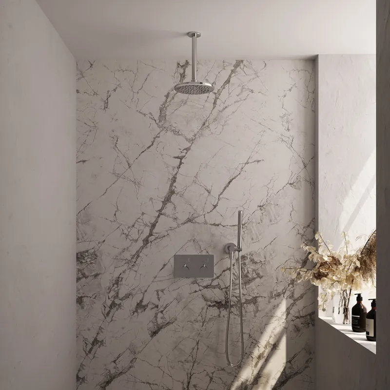 Exclusieve Aanbieding Brauer Chrome Editon Regendoucheset: Thermostatische Inbouwkraan met Drukknoppen, Plafondarm, Douchekop 20cm, Wandhouder met Wateruitlaat, Staafhanddouche & Doucheslang - Set 53 - Draaiknoppen - Chroom
