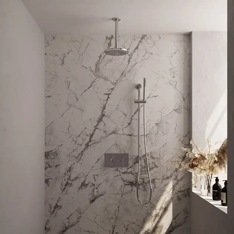 Brauer Chrome Editon Regendoucheset: Thermostatische Inbouwkraan met Drukknoppen, Plafondarm, Douchekop 20cm, Glijstang met Wateruitlaat, Staafhanddouche & Doucheslang - Set 65 - Draaiknoppen - Chroom Weekendaanbieding