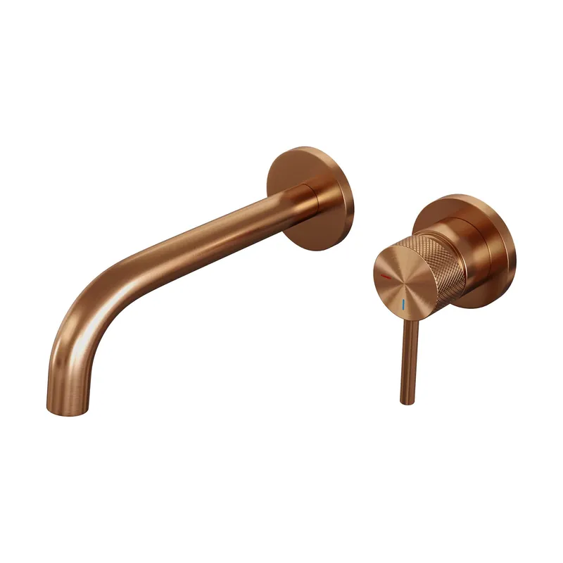 Goedkoop Brauer Copper Carving Inbouw Wastafelmengkraan met Gebogen Uitloop & Rozetten - Model A1 - Geribbeld Hendel Rechts - PVD - PVD - Geborsteld Koper