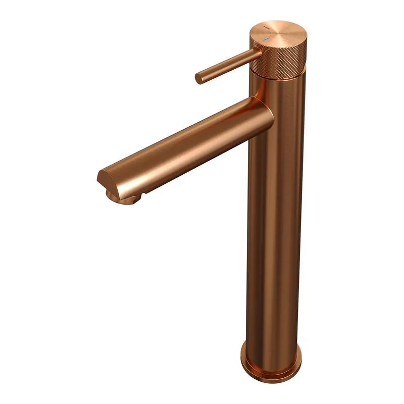 Lage Prijs Brauer Copper Carving Opbouw Wastafelmengkraan - Model A - Hoog - Geribbeld Hendel - PVD - PVD - Geborsteld Koper
