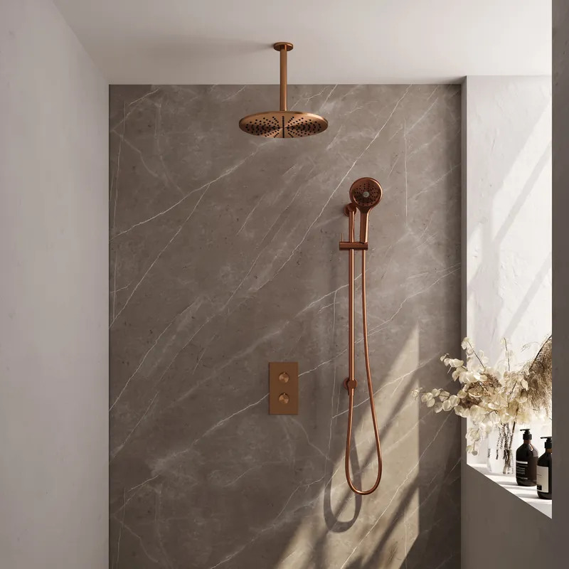 Brauer Copper Carving Regendoucheset: Thermostatische Inbouwkraan met 3-Weg Omstel, Plafondarm, Douchekop 30cm, Glijstang met Wateruitlaat, 3-Standen Handdouche & Doucheslang - Set 48 - Geribbeld Draaiknoppen - PVD - Geborsteld Koper Seizoensaanbieding