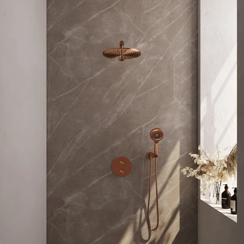 Lage Prijs Brauer Copper Carving Regendoucheset: Thermostatische Inbouwkraan met 3-Weg Omstel, Rechte Wandarm, Douchekop 30cm, Wandaansluitbocht, 3-Standen Handdouche & Doucheslang - Set 80 - Draaiknoppen - Geborsteld Koper