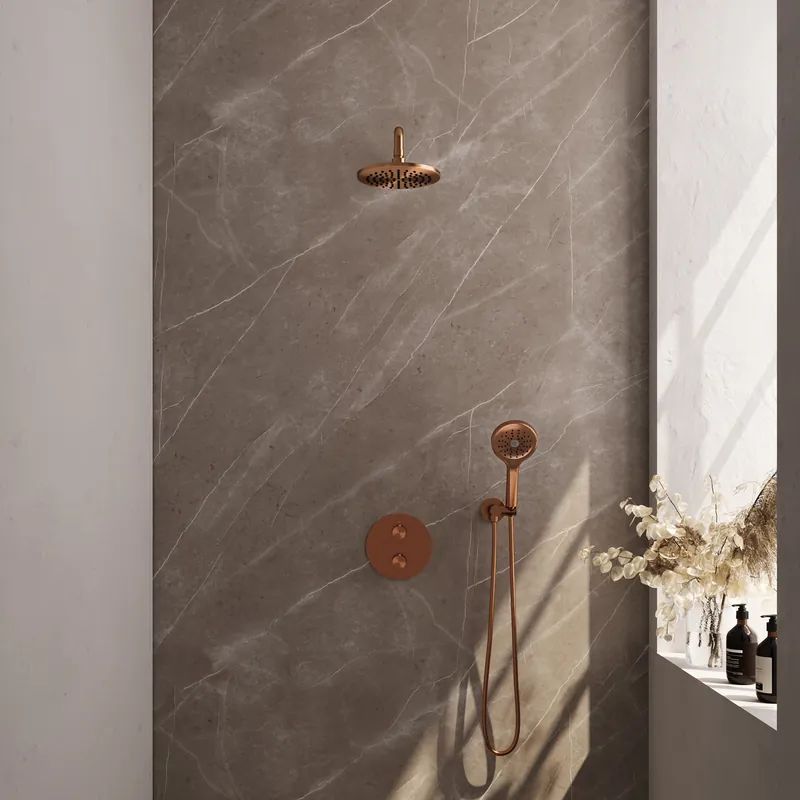 Brauer Copper Carving Regendoucheset: Thermostatische Inbouwkraan met 3-Weg Omstel, Gebogen Wandarm, Douchekop 20cm, Wandaansluitbocht, 3-Standen Handdouche & Doucheslang - Set 81 - Draaiknoppen - Geborsteld Koper Korting