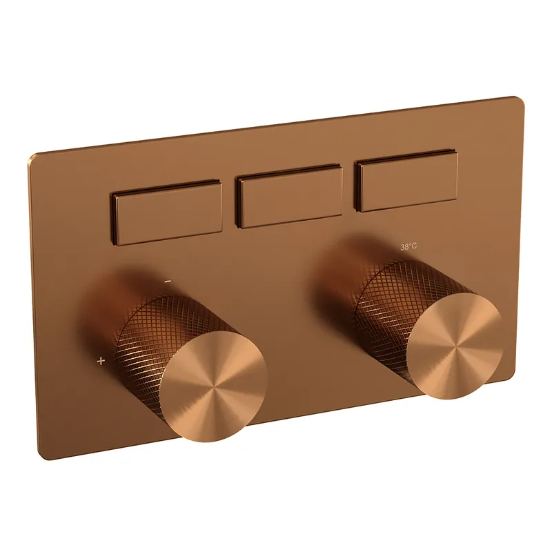 Op = Op Brauer Copper Carving Thermostatisch Inbouwkraan met 3-Weg Omstel - 3 Drukknoppen & 2 Geribbeld Draaiknoppen - PVD - Geborsteld Koper