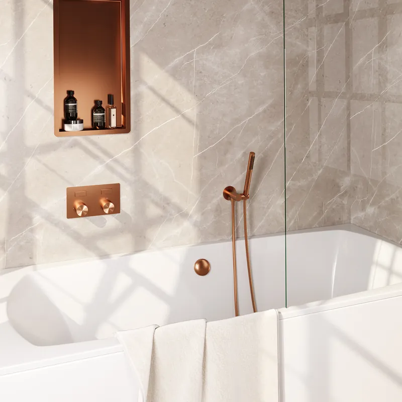 Beperkte Voorraad Brauer Copper Carving Thermostatische Inbouw Badkraan met Omstel, Badvulcombinatie, Drukknoppen, Wandhouder met Wateruitlaat, Staafhanddouche & Doucheslang - Set 3 - Geribbeld Draaiknoppen - PVD - Geborsteld Koper