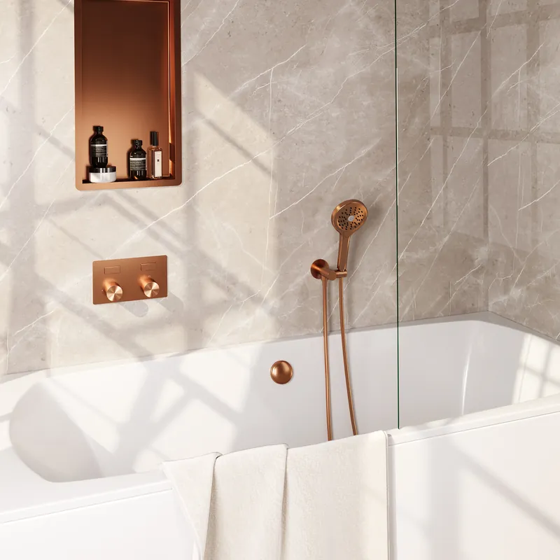 Brauer Copper Carving Thermostatische Inbouw Badkraan met Omstel, Badvulcombinatie, Drukknoppen, Wandhouder met Wateruitlaat, 3-Standen Handdouche & Doucheslang - Set 4 - Geribbeld Draaiknoppen - PVD - Geborsteld Koper Dagaanbieding