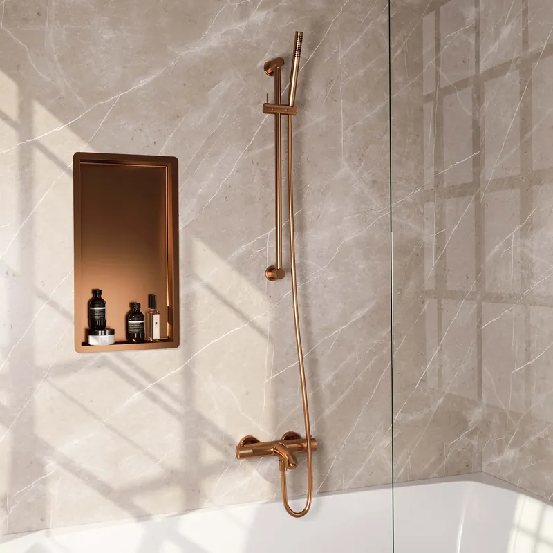 Brauer Copper Carving Thermostatische Opbouw Badkraan met Omstel, Glijstang, Staafhanddouche & Doucheslang - Set 1 - Geribbeld Draaiknoppen - PVD - Geborsteld Koper Lage Prijs