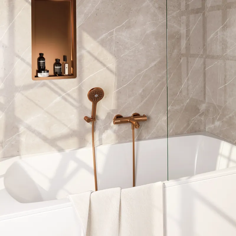 Brauer Copper Carving Thermostatische Opbouw Badkraan met Omstel, Wandhouder, 3-Standen Handdouche & Doucheslang - Set 4 - Geribbeld Draaiknoppen - PVD - Geborsteld Koper Beste Prijs