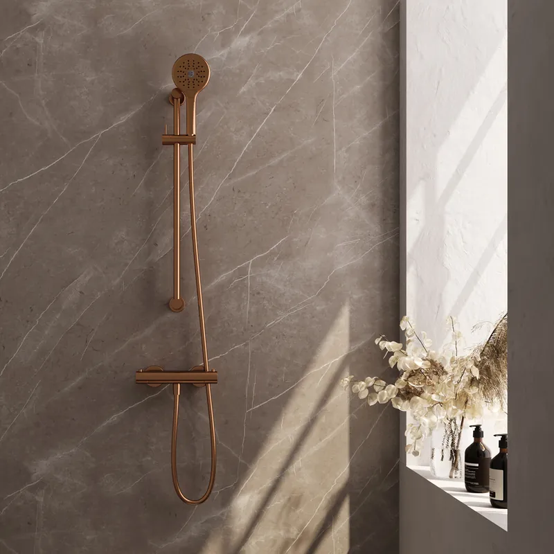 Bestseller Brauer Copper Edition Doucheset: Thermostatische Opbouwkraan met Glijstang, Staafhanddouche & Doucheslang - Set 2 - Draaiknoppen - PVD - Geborsteld Koper