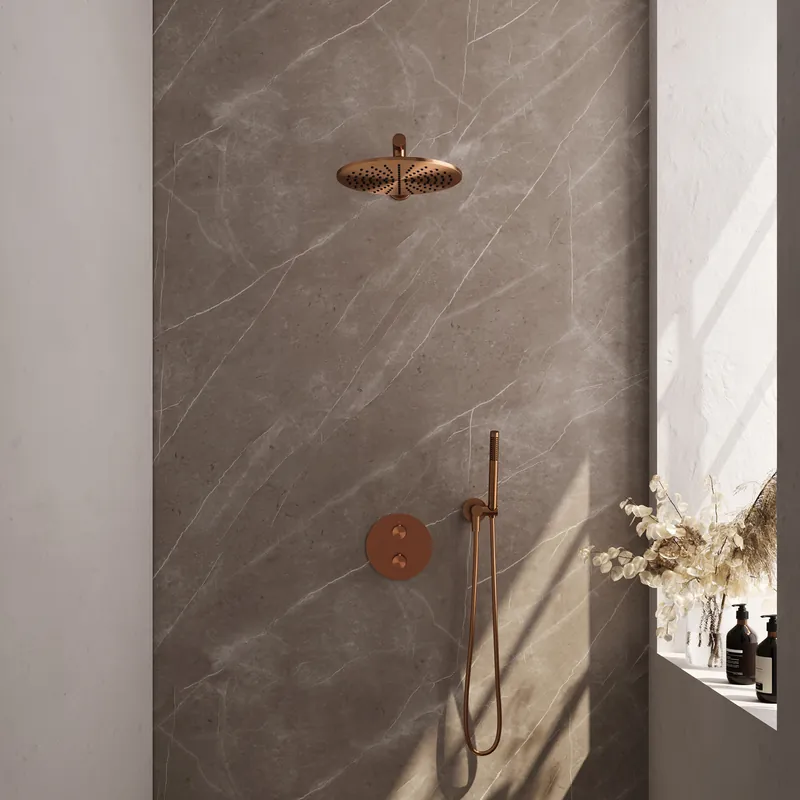 Nu Kopen Brauer Copper Edition Regendoucheset: Thermostatische Inbouwkraan met 3-Weg Omstel, Rechte Wandarm, Douchekop 30cm, Wandaansluitbocht, Staafhanddouche & Doucheslang - Set 74 - Draaiknoppen - Geborsteld Koper