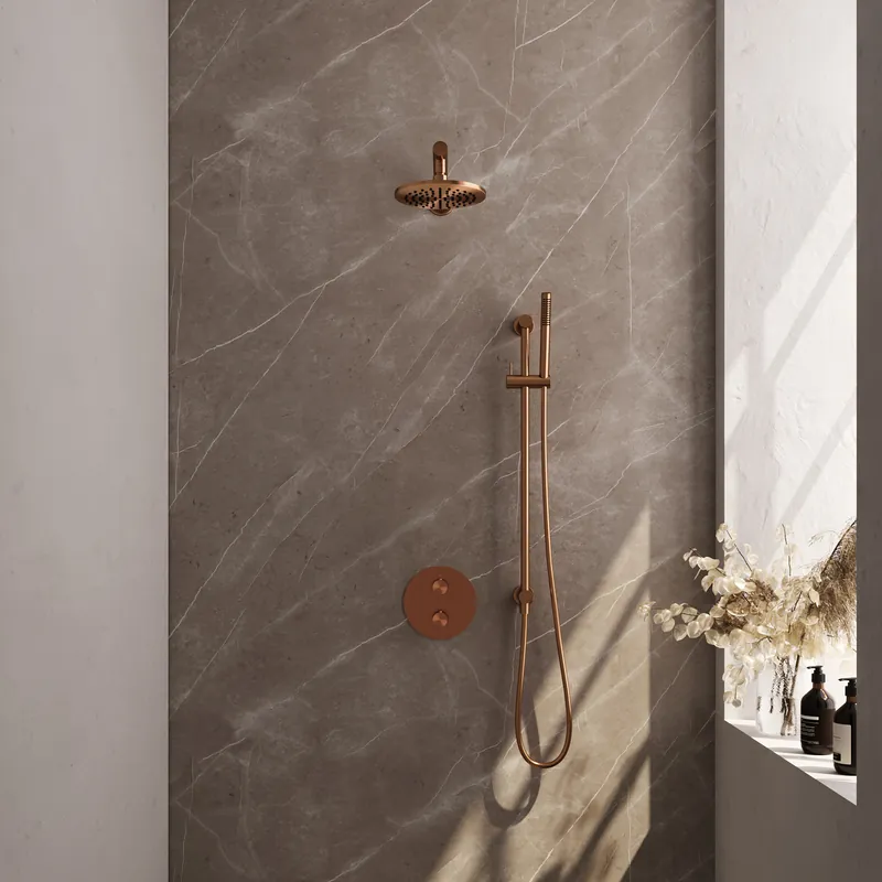 Brauer Copper Edition Regendoucheset: Thermostatische Inbouwkraan met 3-Weg Omstel, Rechte Wandarm, Douchekop 20cm, Geintegreerde Glijstang, Staafhanddouche & Doucheslang - Set 85 - Draaiknoppen - Geborsteld Koper Nieuw