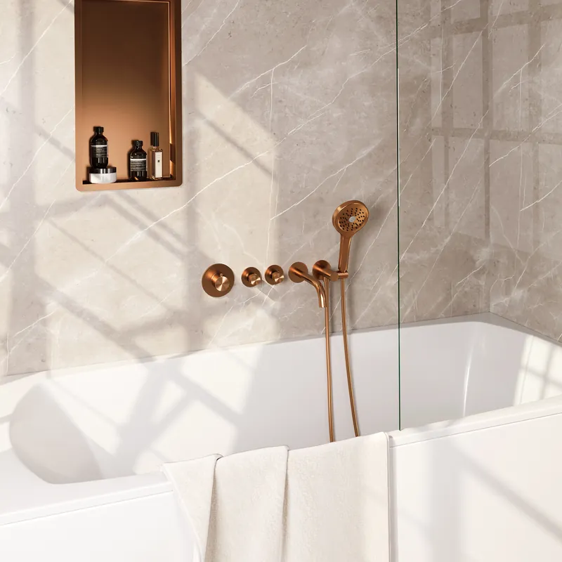 Alleen Vandaag Brauer Copper Edition Thermostatische Inbouw Badkraan met Omstel, Uitloop, Stopkranen, Wandhouder met Wateruitlaat, 3-Standen Handdouche & Doucheslang - Set 2 - Draaiknoppen - PVD - Geborsteld Koper