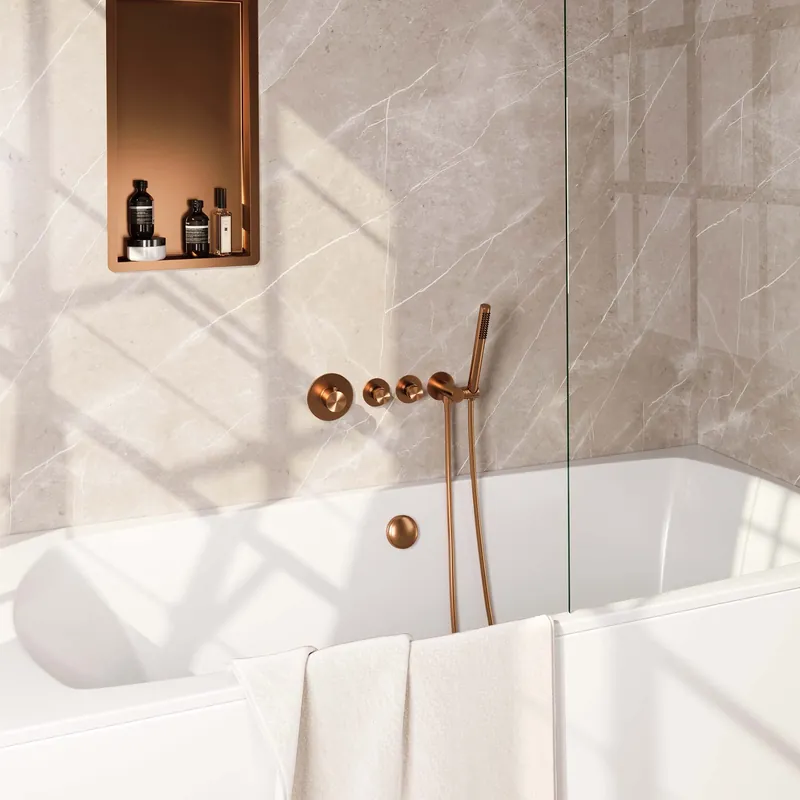 Voordeelprijs Brauer Copper Edition Thermostatische Inbouw Badkraan met Omstel, Badvulcombinatie, Stopkranen, Wandhouder met Wateruitlaat, Staafhanddouche & Doucheslang - Set 1 - Draaiknoppen - PVD - Geborsteld Koper