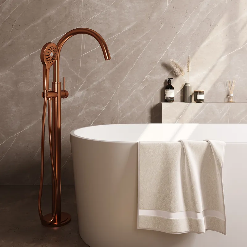 Hoge Kwaliteit Brauer Copper Edition Vrijstaande Badkraan met 3-Standen Handdouche & Doucheslang - Set 2 - Hendel - PVD - Geborsteld Koper